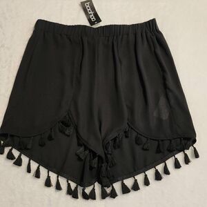 Boo Hoo Womens High Waisted Black Sheer Tassel Edged Shorts Size 10 NWT